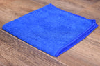 Blue microfiber cleaning towel folded - 300 GSM, 80/20 blend, 35x35 cm, stitched edge for home use