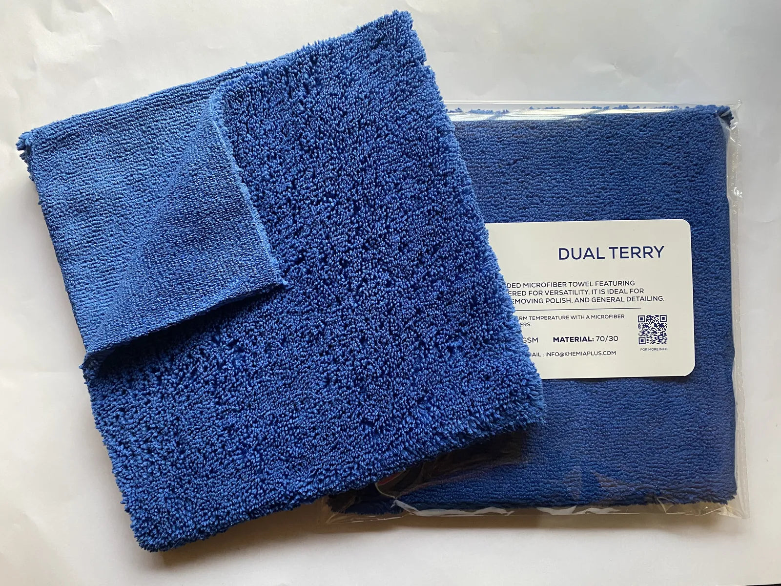 Khemia Plus Dual Terry microfiber towel in Blue— edgeless 450 GSM for coating, polish, and detailing