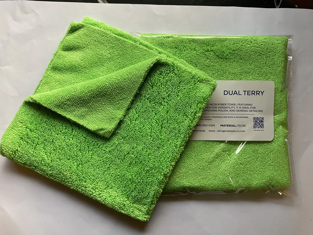 Khemia Plus Dual Terry microfiber towel in Green— edgeless 450 GSM for coating, polish, and detailing