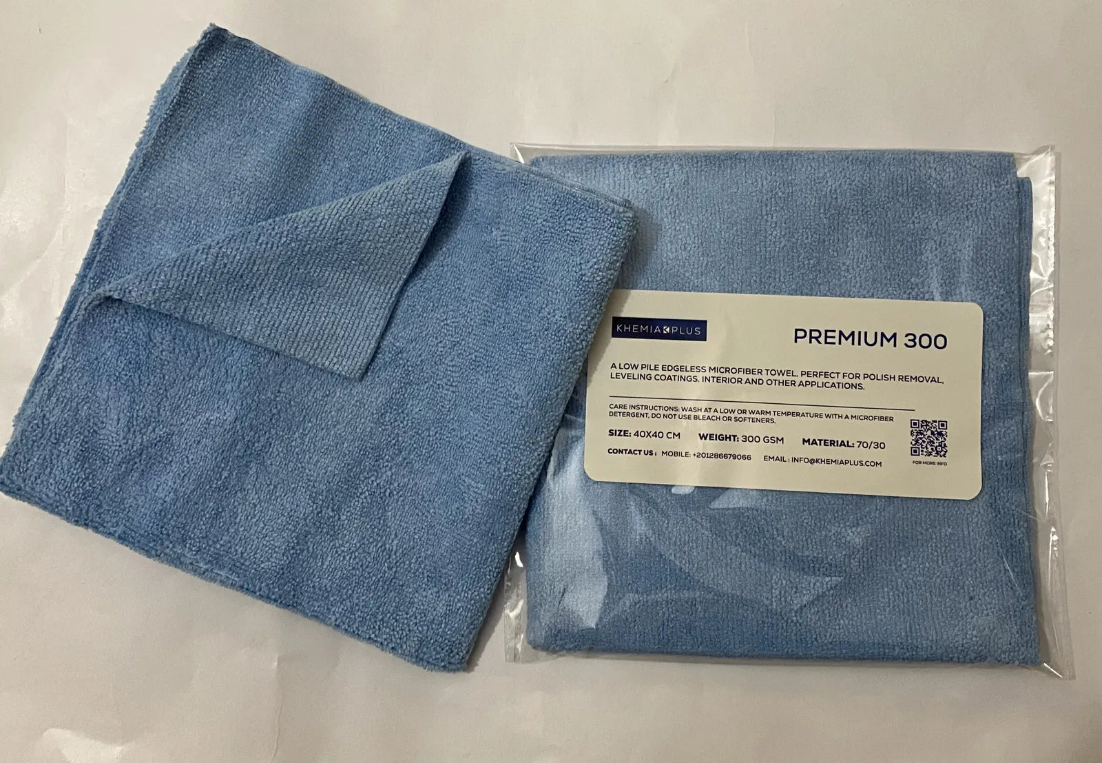 Sky blue PREMIUM-300 microfiber towel packaged with retail label - 300 GSM, 70/30 polyester polyamide blend