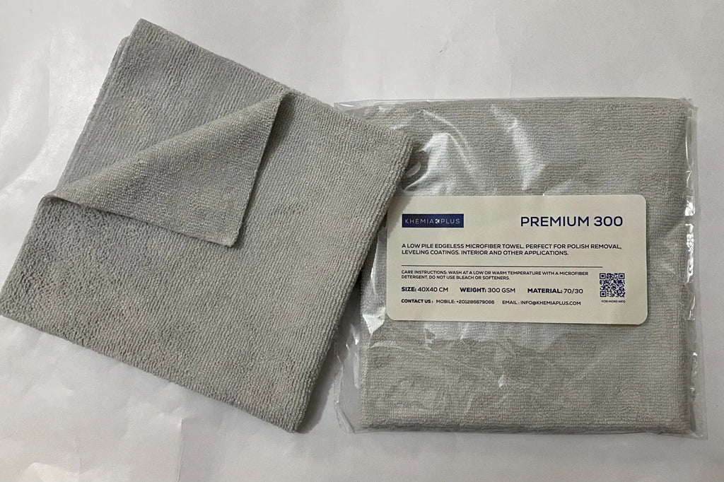 Ice grey PREMIUM-300 microfiber towel in retail packaging - 300 GSM 70/30 edgeless construction for car and interior detailing
