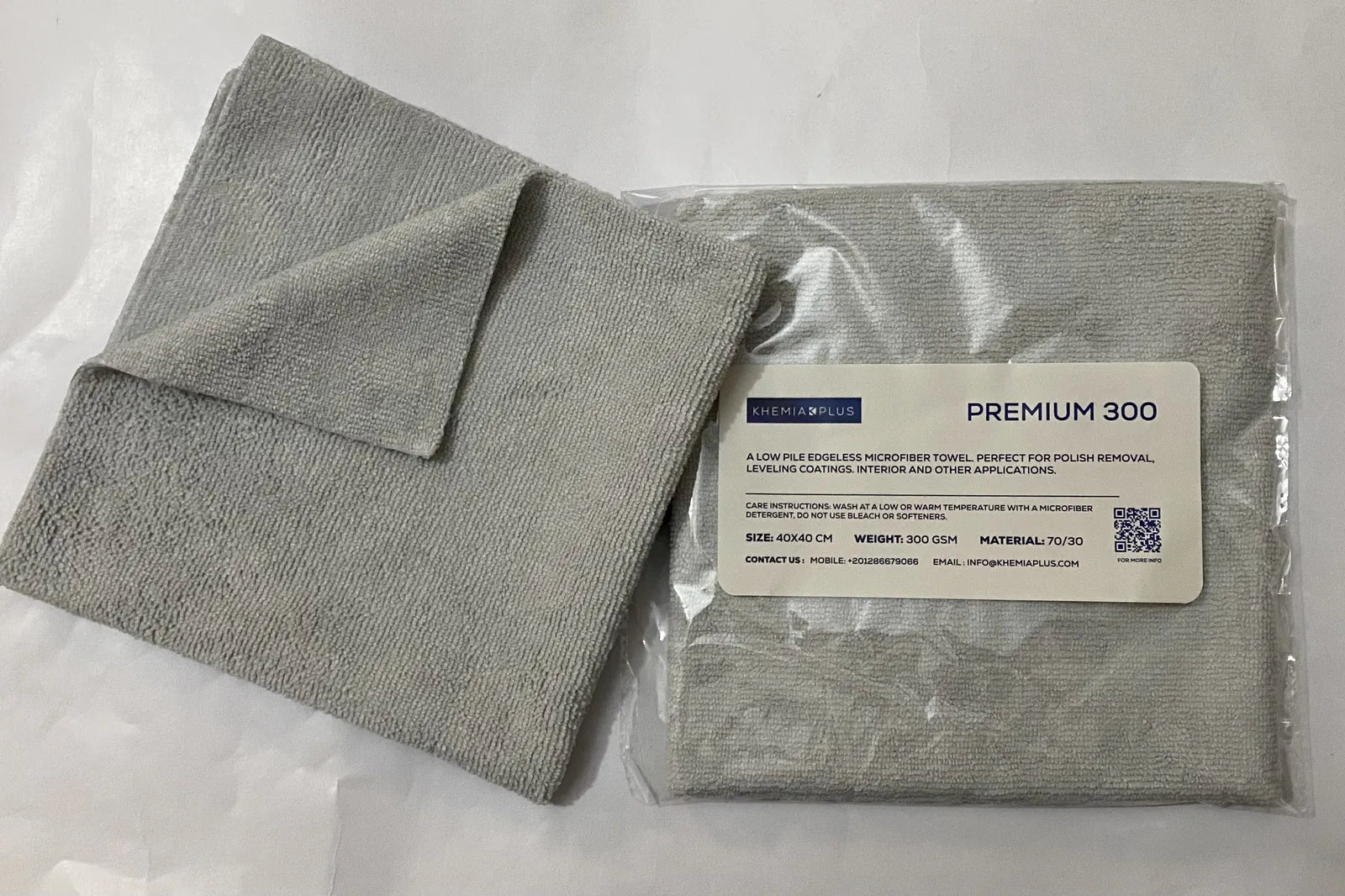Ice grey PREMIUM-300 microfiber towel in retail packaging - 300 GSM 70/30 edgeless construction for car and interior detailing