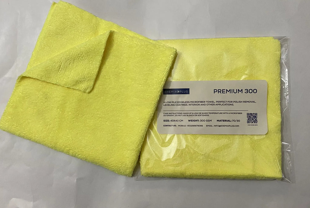 Yellow PREMIUM-300 microfiber towel packaged with retail label - 300 GSM, 70/30 blend, 40x40 cm edgeless terry weave