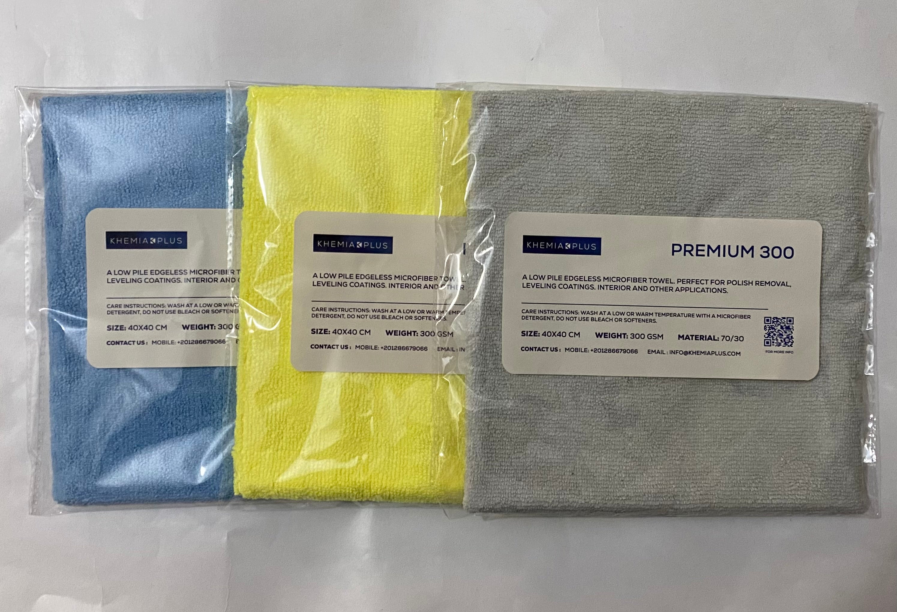 KHEMIA PLUS Premium 300 GSM towel three colors cleanly packed and labeled 
