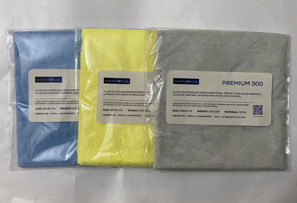 PREMIUM-300 microfiber towels in retail packaging - sky blue and yellow color options, 70/30 edgeless terry weave