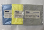 PREMIUM-300 microfiber towels in retail packaging - sky blue and yellow color options, 70/30 edgeless terry weave